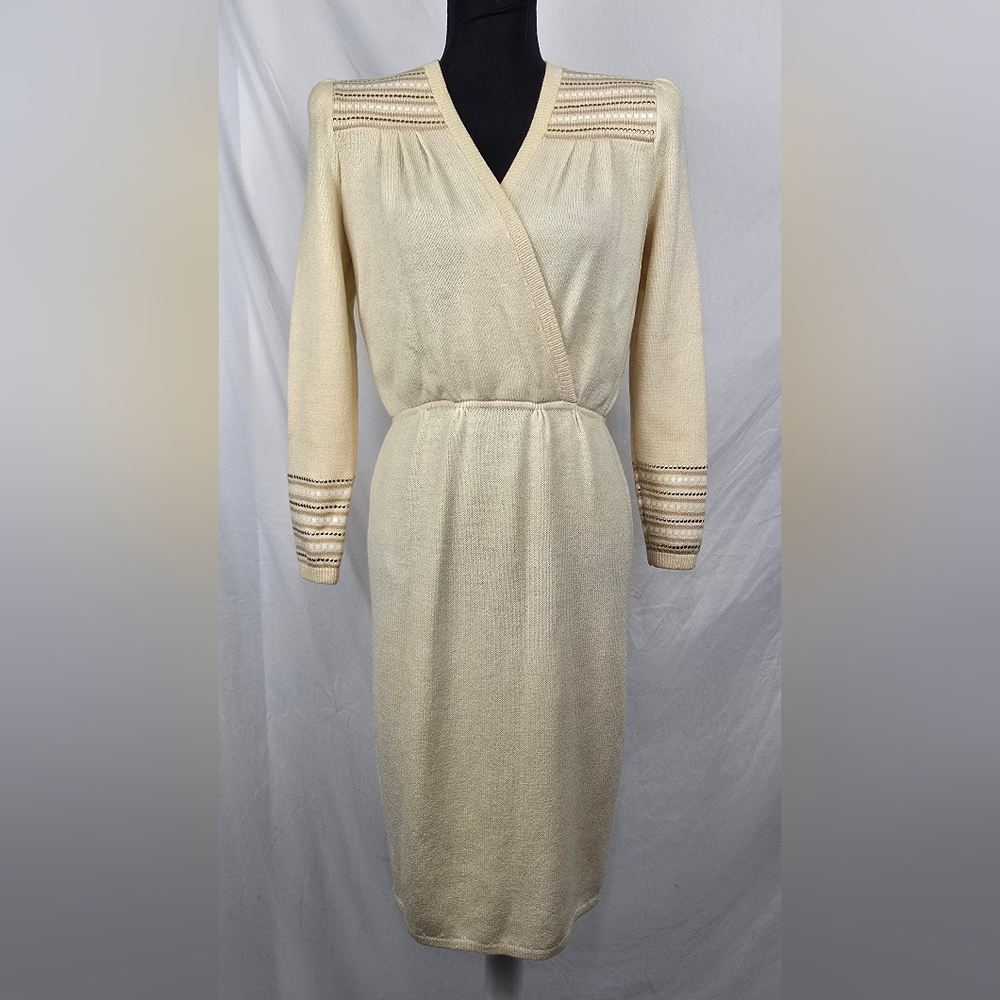 St. John Marie Gray Vintage 80s 90s Cream Santana Knit Studded Midi Dress sz 4